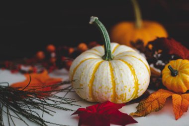 Koyu kahverengi ahşap arka plan ile yeşillik Pumpkins ile düşme.
