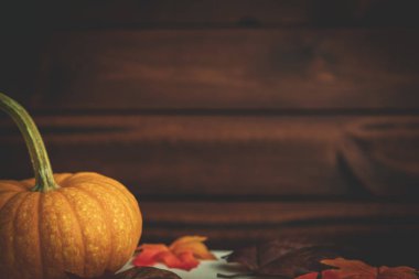 Koyu kahverengi ahşap arka plan ile yeşillik Pumpkins ile düşme.