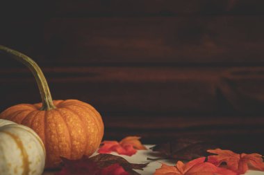 Koyu kahverengi ahşap arka plan ile yeşillik Pumpkins ile düşme.