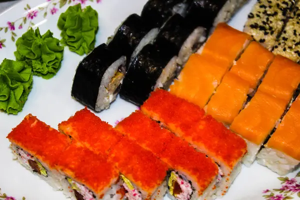 Appetizing Delicious Beautiful Japanese Rolls Sushi Holiday Table — Stock Photo, Image