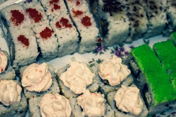 Appetizing Delicious Beautiful Japanese Rolls Sushi Holiday Table — Stock Photo, Image