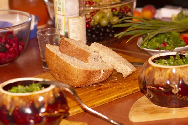 Viande Avec Pommes Terre Dans Des Pots Avec Pain Des — Photo