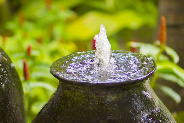 A small fountain with water in a large jug in a tropical Park