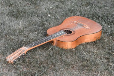 Bahçede yeşil çimlerin üzerinde eski bir akustik gitar.