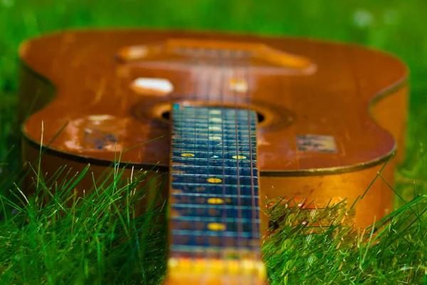 Duża Gitara Akustyczna Starego Retro Ogrodzie Zielonej Trawie Trawnika — Zdjęcie stockowe