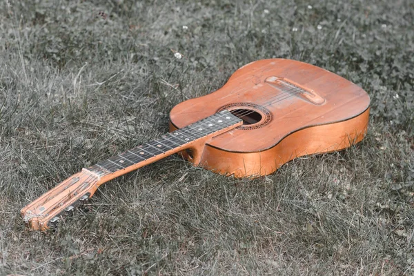 Grande Acustica Vecchia Chitarra Retrò Giardino Sul Prato Verde Erba — Foto Stock