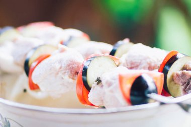 Piknikte şişe bağlanmış et, domates ve patlıcan parçaları.