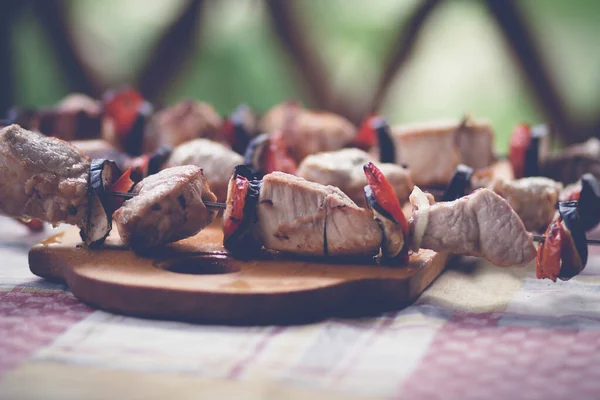 Pedaços Carne Tomate Berinjela Pendurados Espetos Piquenique — Fotografia de Stock