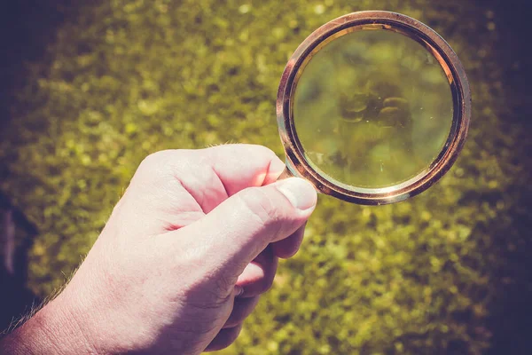 Ett Förstoringsglas Med Lins Gul Metallram Mannens Hand — Stockfoto