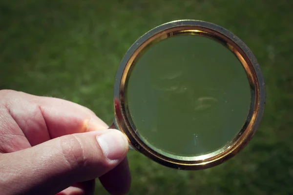 Magnifying Glass Lens Yellow Metal Frame Man Hand — Stock Photo, Image