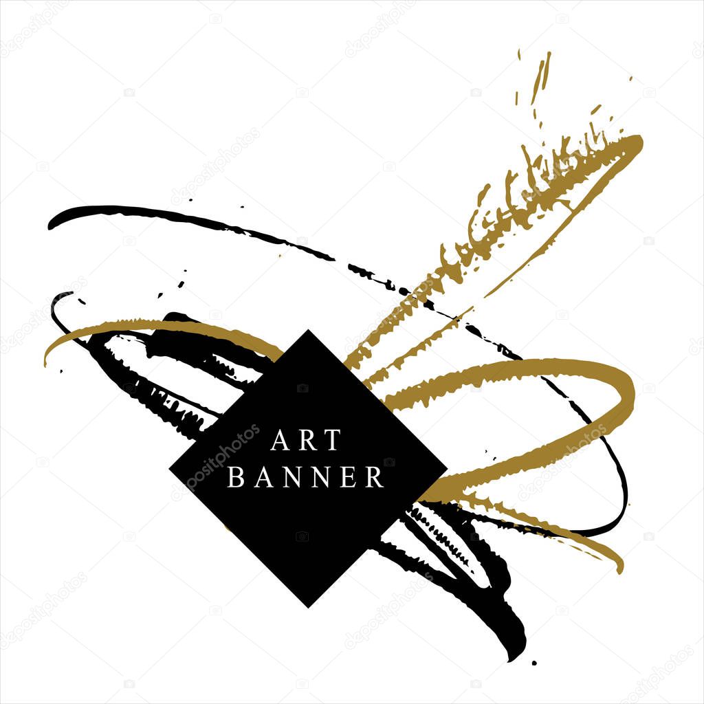 Art banner with abstract smears in black and golden colors, simply vector illustration  