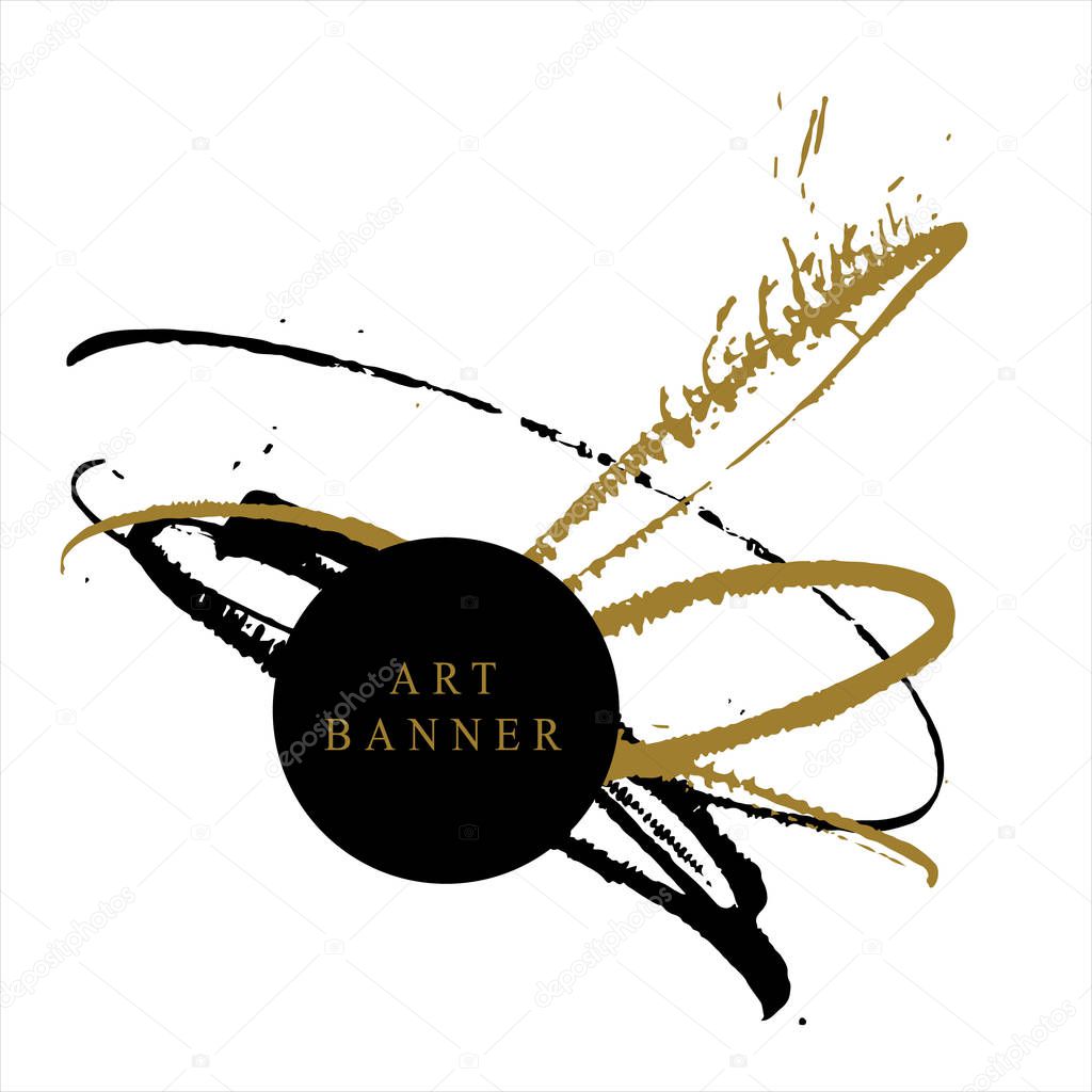 Art banner with abstract smears in black and golden colors, simply vector illustration  