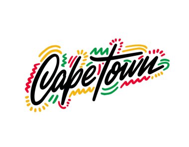 Cape Town, Güney Afrika. Tebrik kartı, tipografi, harf tasarımı. El yapımı kaligrafi, tişört için mesaj, kartpostal, poster. İzole vektör illüstrasyonu.