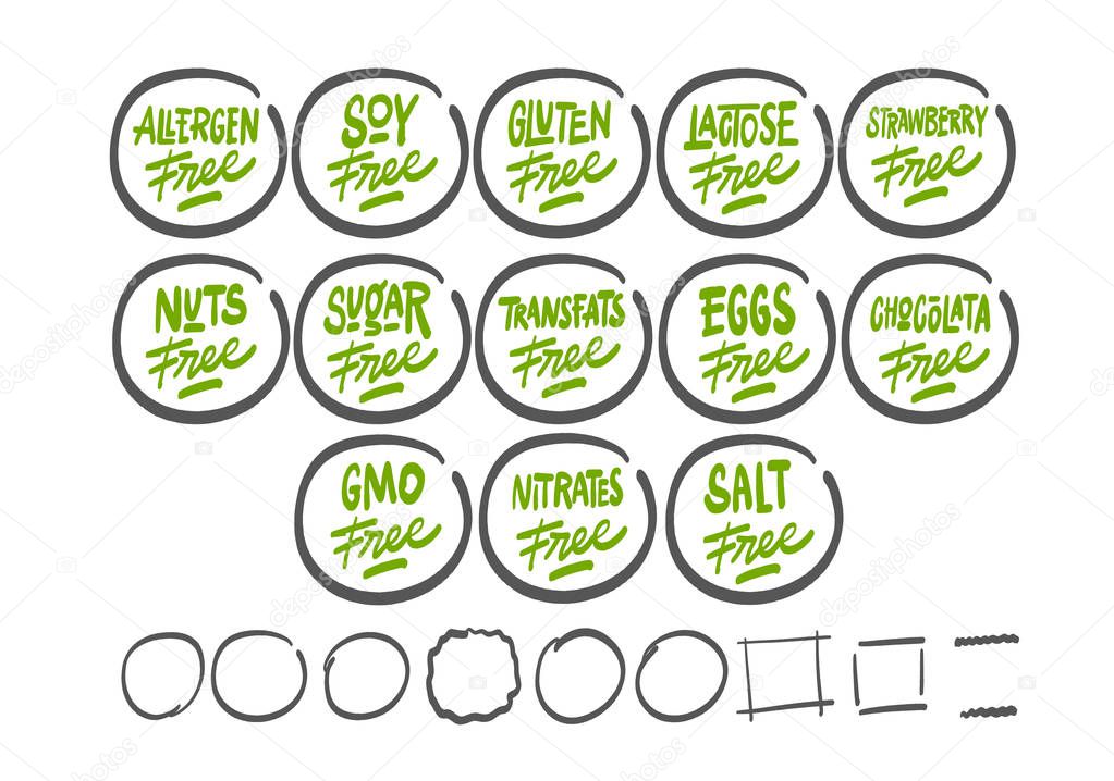 Set of food labels - allergens, GMO free products.  Hand drawn lettering phrase isolated on white background. Vector illustration