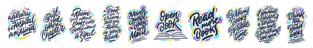 Set of quotes about book. Vector text for design greeting cards, photo overlays, prints, posters. Hand drawn letter
