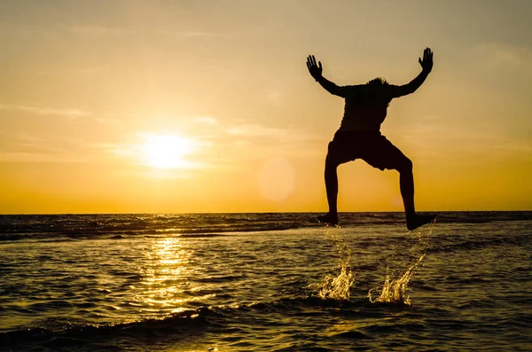 Gün batımında denizde zıplama pozisyonunda bir adamın silueti Fikir bir arka plan veya duvar kağıdı olarak kullanılabilir.