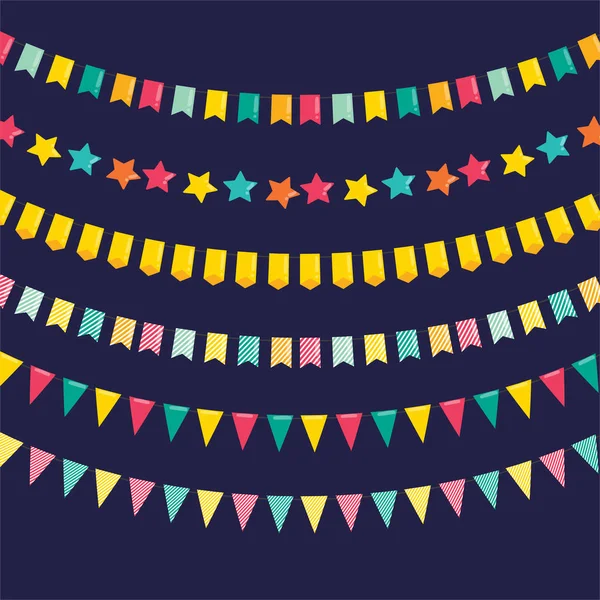 Holiday and party decoration. Set of colorful celebration garlands. — Stock Vector