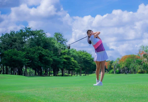 Woman Golf Player Action Being Setup Address Back Swing Hit — Stock Photo, Image