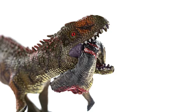 Carcharodontosaurus Bijten Een Dinosaurus Lichaam Met Bloed Witte Achtergrond Close — Stockfoto