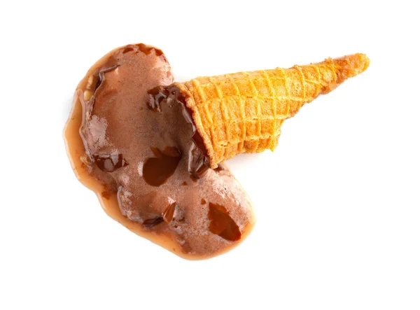 Top View Chocolate Flavor Ice Cream Cone Melted White Background — Stock Photo, Image
