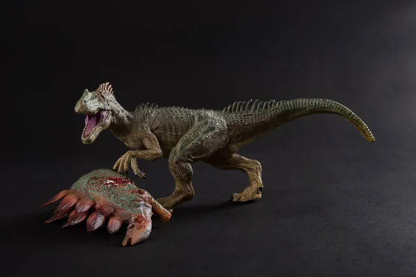 Allosaurio Con Cuerpo Estegosaurio Cercano Sobre Fondo Oscuro —  Fotos de Stock