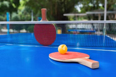 pingpong raket ve top ve bir mavi pingpong tablo net