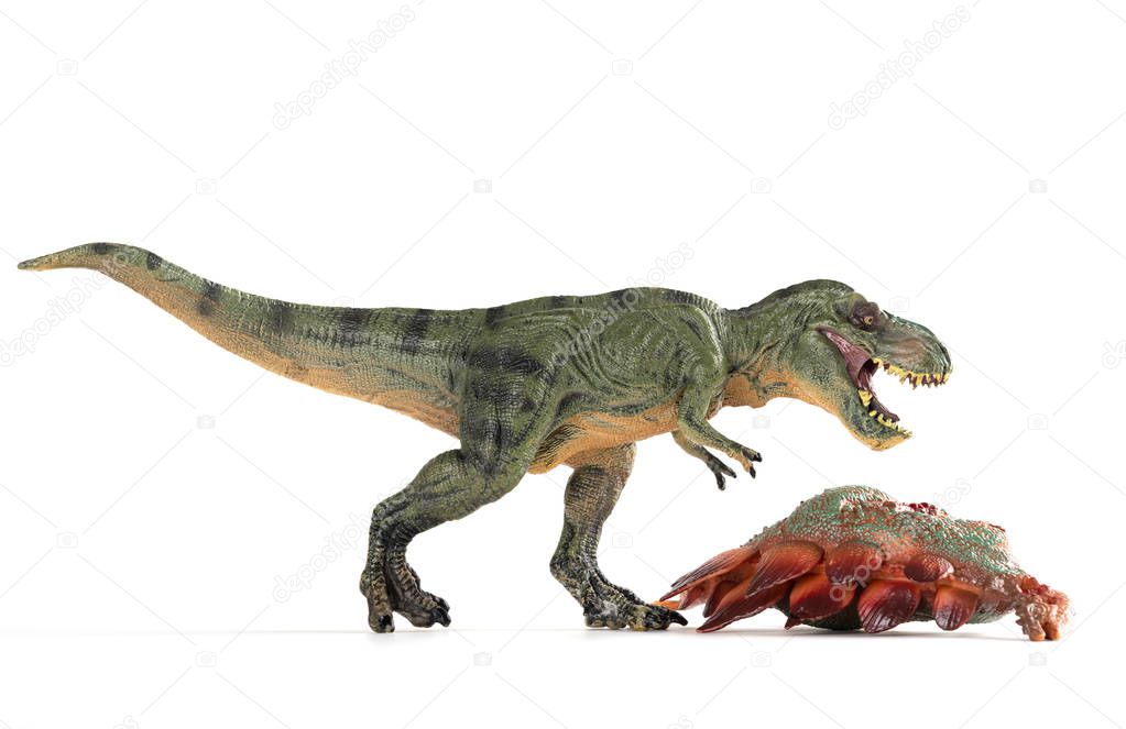 tyrannosaurus with a stegosaurus body nearby on white background