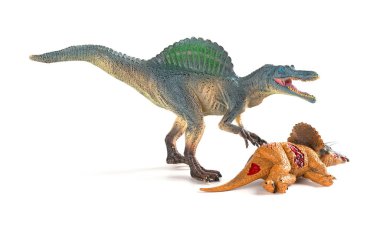 Spinosaurus beyaz arka plan üzerinde bir triceratops gövdeli