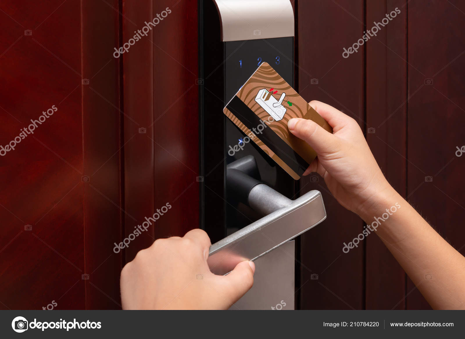 Kid Opening Electronic Door Lock Security Card Stock Photo