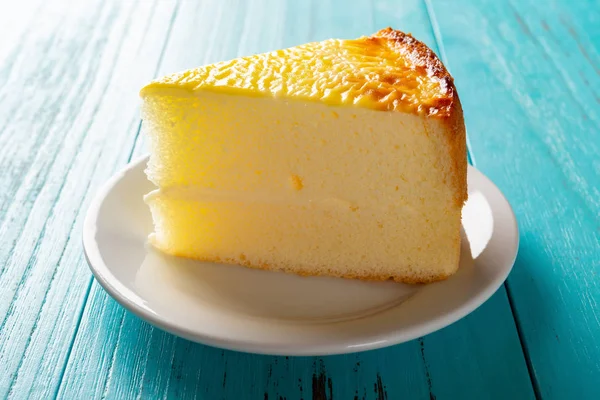 Side View Studio Shoot Home Made Cheese Cake Blue Table — Stock Photo, Image