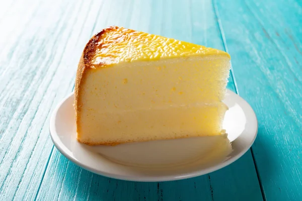 Side View Studio Shoot Home Made Cheese Cake Blue Table — Stock Photo, Image