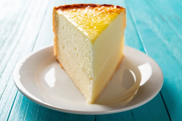 Studio Shoot Home Made Cheese Cake Blue Table — Stock Photo, Image