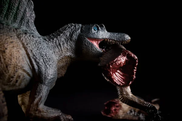 在黑暗的背景上 恐龙身体的尖刺龙咬片 — 图库照片