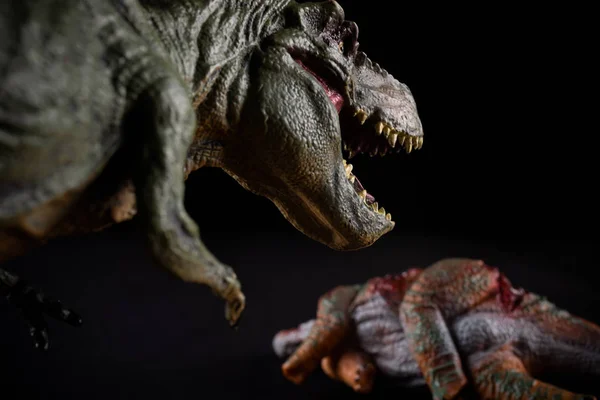 Tirannosauro Davanti Corpo Stegosauro Sfondo Scuro — Foto Stock