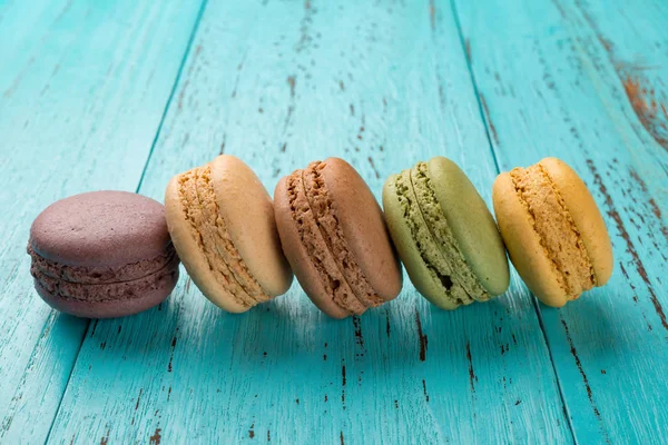 Studio Shoot Colorful Macaroons Line Blue Background — Stock Photo, Image