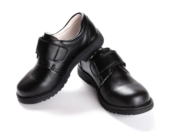 Pair Brand New Black Leather Shoe Children White Background — Stock Photo, Image