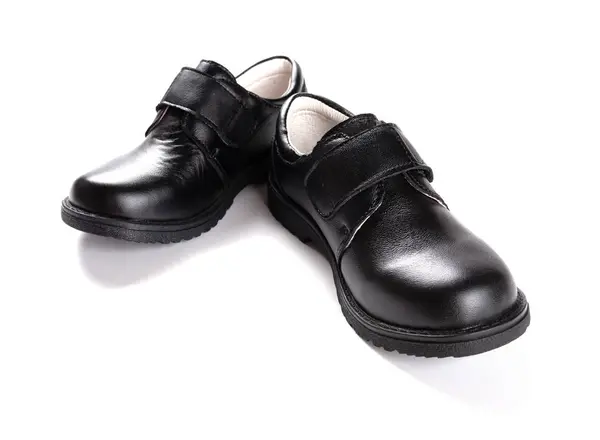 Пара Абсолютно Нового Чорного Шкіряного Взуття Дітей Білому Тлі — стокове фото