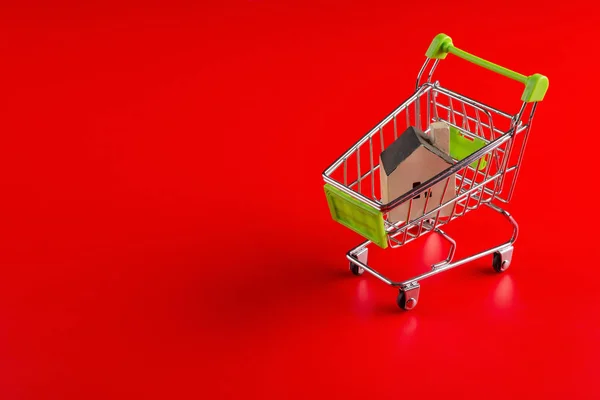 Kırmızı Bir Arka Plan Üzerinde Bir Alışveriş Sepeti Bir Modeli — Stok fotoğraf