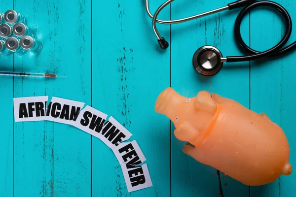 üstten görünüm domuz şırınga ve aşı ve stetoskop ve Afrika domuz Fever kırık ifade