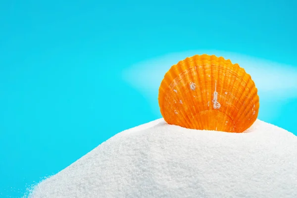 Muschel Auf Weißem Sand Auf Blauem Hintergrund — Stockfoto