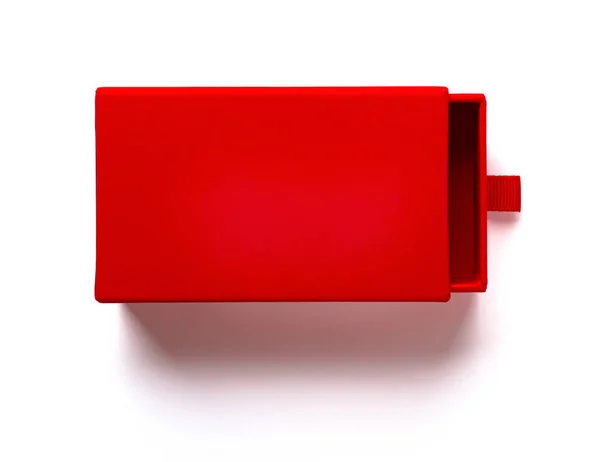 Top View Red Gift Box Opened Small Gap White Background — Stock Photo, Image