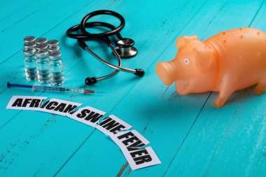 domuz şırınga ve aşı ve stetoskop ve Afrika domuz Fever kırık ifade
