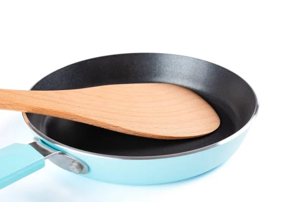 Side View Small Metal Pan Wooden Spatula Clipping Path — Stock Photo, Image