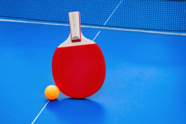 pingpong raket ve top ve bir mavi pingpong tablo net
