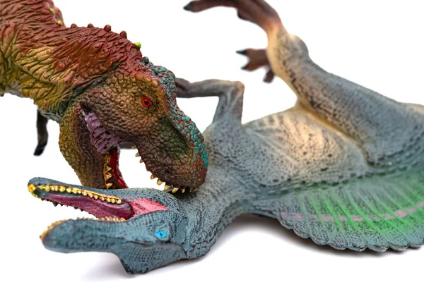 Tyrannosaurus Beißt Spinosaurus Auf Weißem Hintergrund — Stockfoto