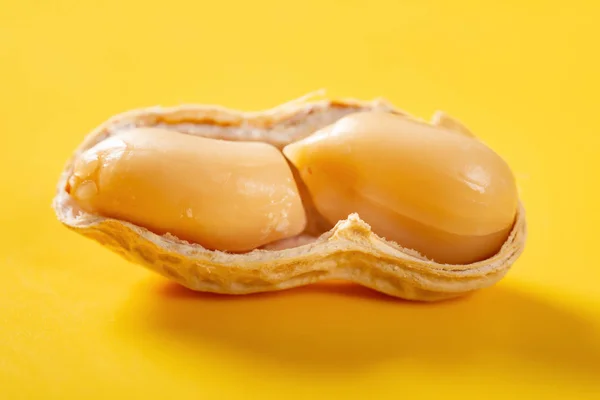 Opened Peanut Yellow Background Close — Stock Photo, Image