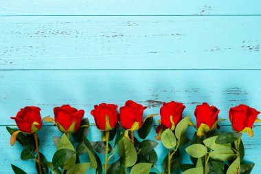 güller kopya alanı ile mavi ahşap arka plan üzerinde çizgi