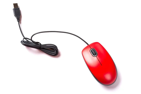 Von Oben Rote Maus Mit Kabel Auf Weißem Hintergrund — Stockfoto