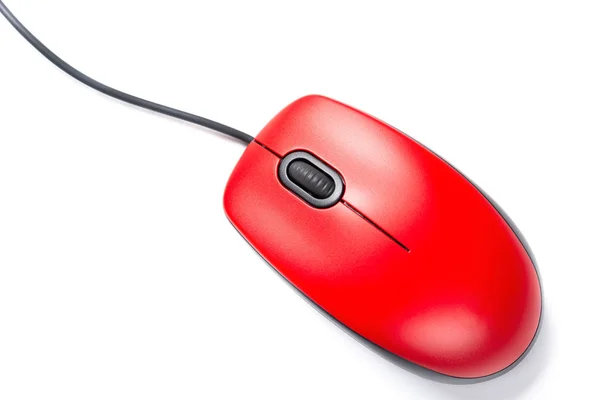 Von Oben Rote Maus Mit Kabel Nahaufnahme Auf Weißem Hintergrund — Stockfoto