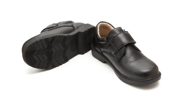 Par Zapatos Cuero Negro Estrenar Para Niños Sobre Fondo Blanco —  Fotos de Stock